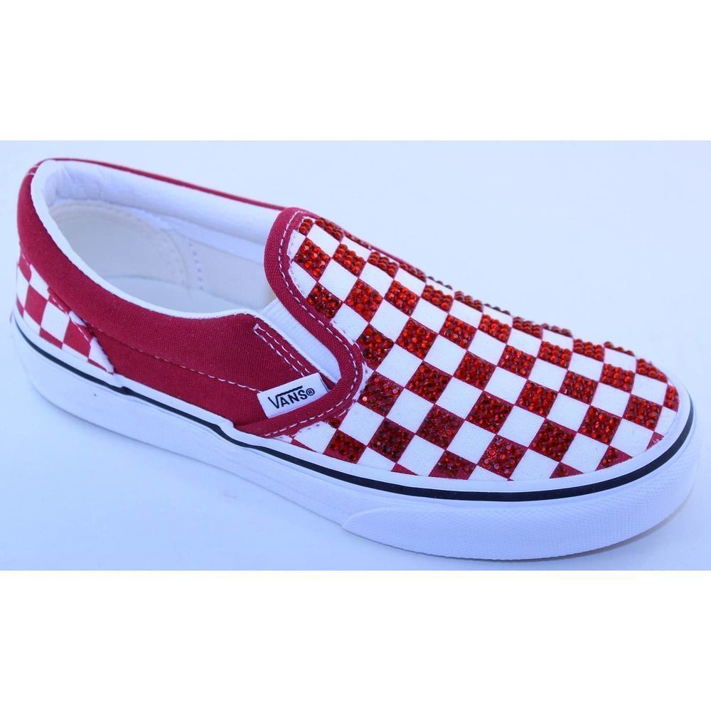 Vans Checkerboard Classic Slip-On Red White Crystal Sneakers Girls Size 2 M NEW